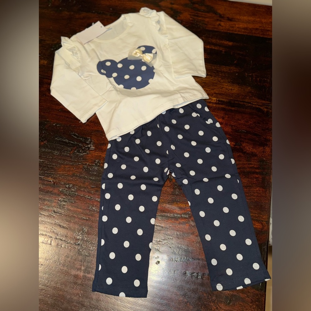 New 2pc Baby Girls Disney Navy & White Minnie Mouse Outfit Size 18-24 Mo